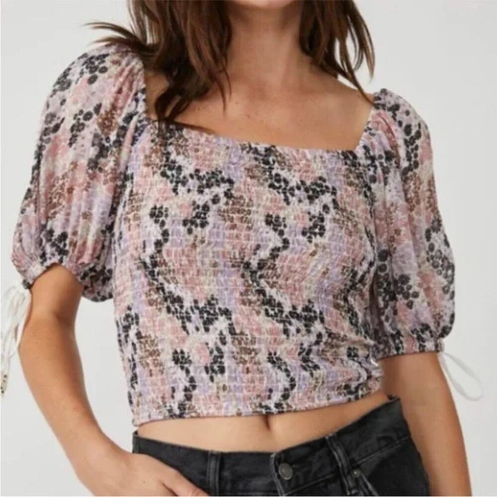 Free People Blouse Floral Pink Brown Purple Smocked Off Shoulder Square Neck  XS